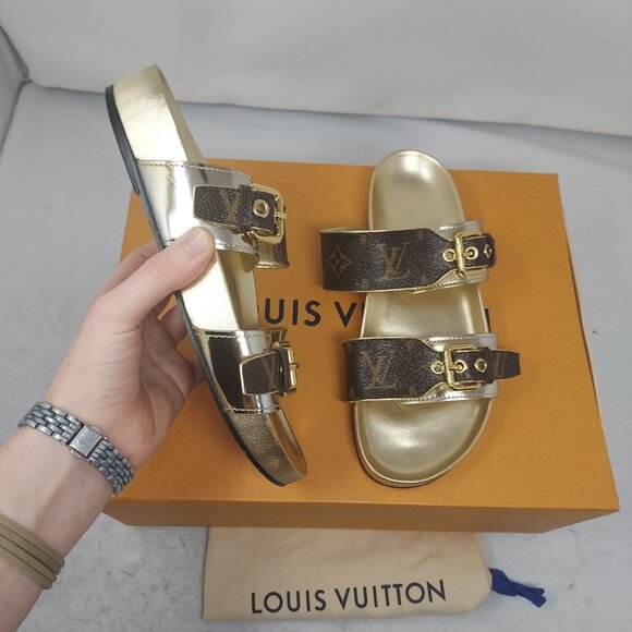 Louis Vuitton Brown Gold Buckle Bom Dia Monogram Flat Slide Sandals - Picture 5 of 16
